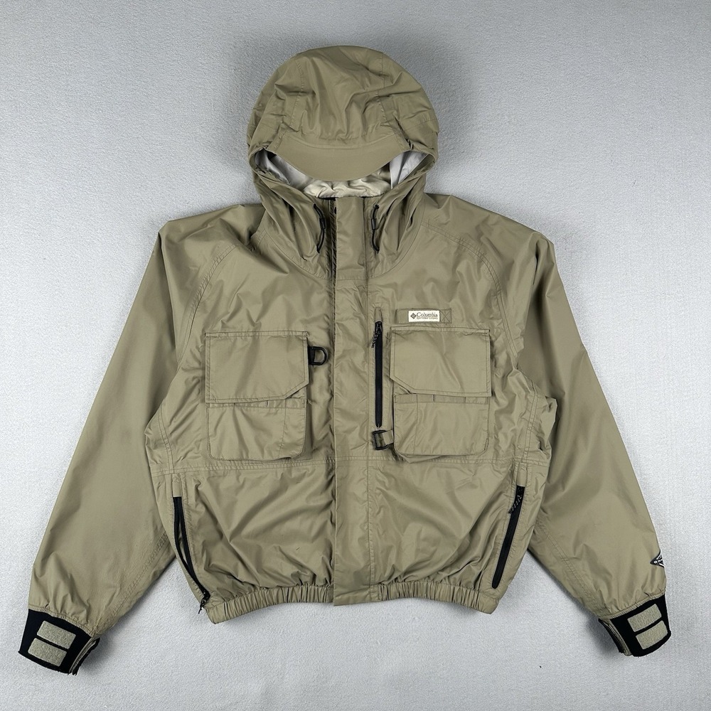Columbia PFG Omni Tech Jacket Men's Large Beige Wading Fishing Utility Vintage